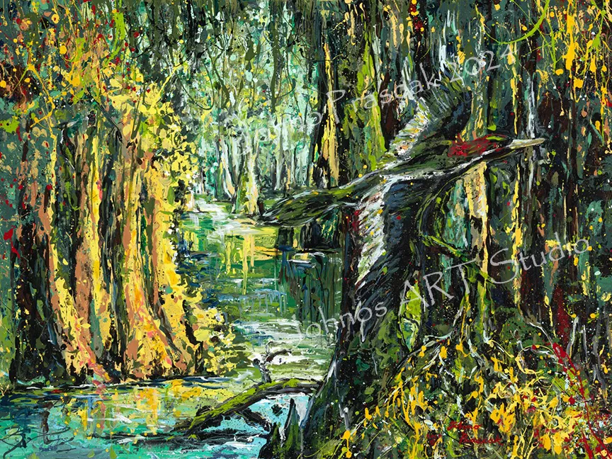 A painting of an Ivorybilled Woodpecker, crafted by Johno Prascak. 